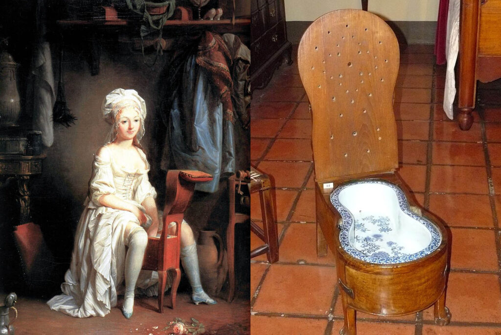 Bidet du 18 ème siècle et femme chevauchant un bidet pour sa toilette intime